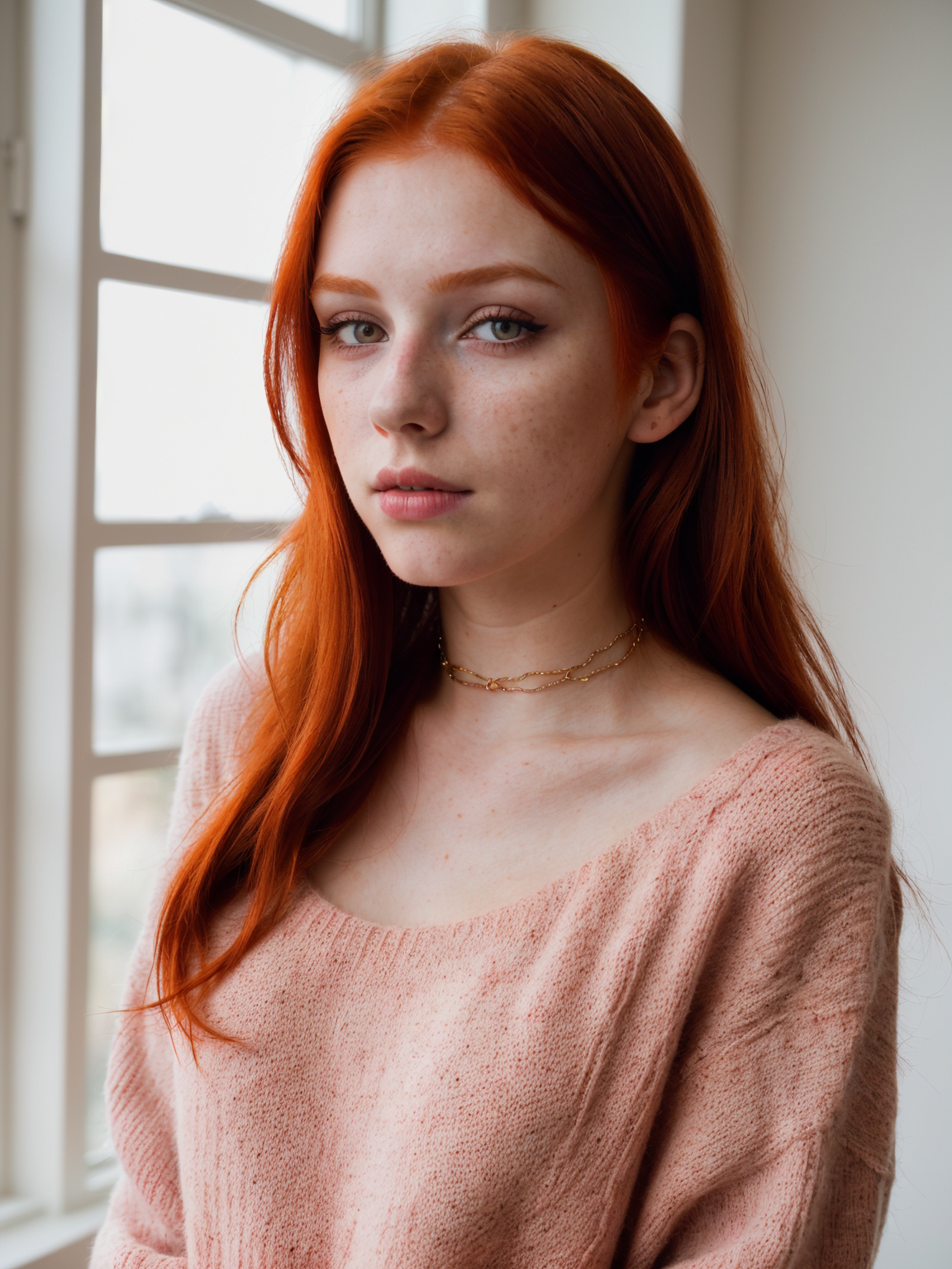 raw photo, (18yo redhead girl:1.2), makeup, graphic eyeliner, rouge, (choker:0.9), realistic skin texture, oversize knit s...